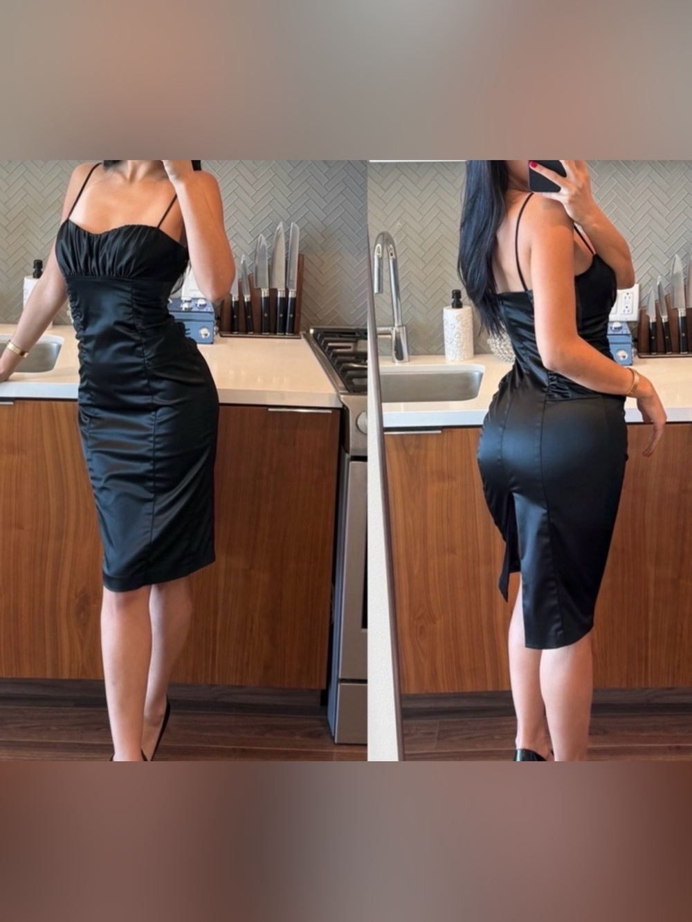 David Meister Black Satin Ruched Bodycon Midi Dress Vintage